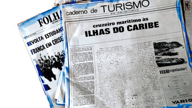 Capas de turismo em preto em branco. Em cima, uma capa cuja manchete é "cruzeiro marítimos às ilhas do Caribe" e, embaixo, outra que está coberta, mas fala sobre a revolta de estudantes na França em maio de 1968