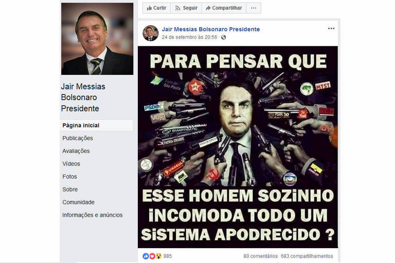 Página de apoiadores de Bolsonaro com publicação antissistema