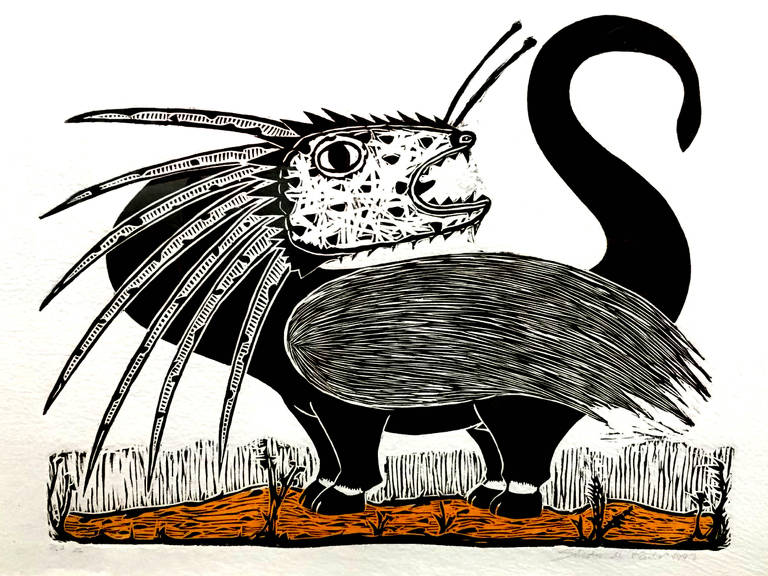 Xilogravura da exposição "Bestiário Nordestino", em cartaz na Funarte, em São Paulo