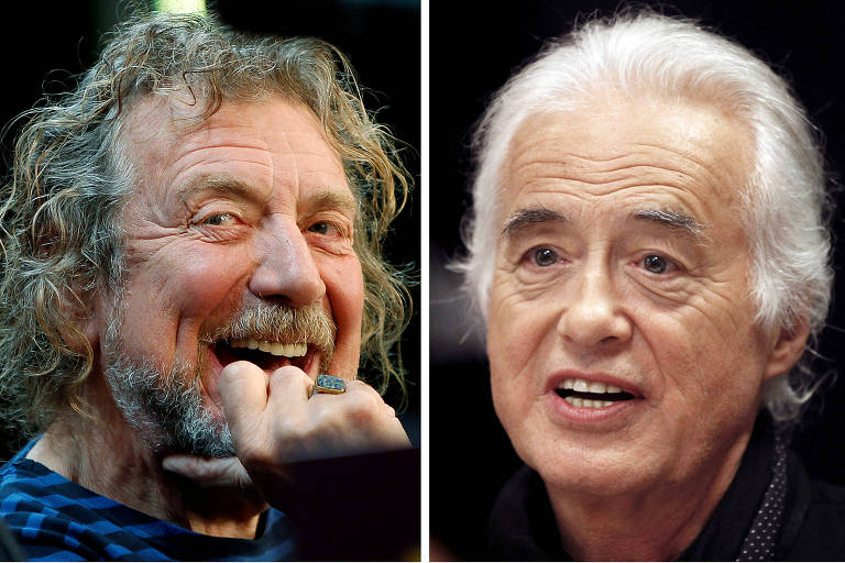 O vocalista Robert Plant (à esq.) e o guitarrista Jimmy Page da banda de rock inglesa Led Zeppelin