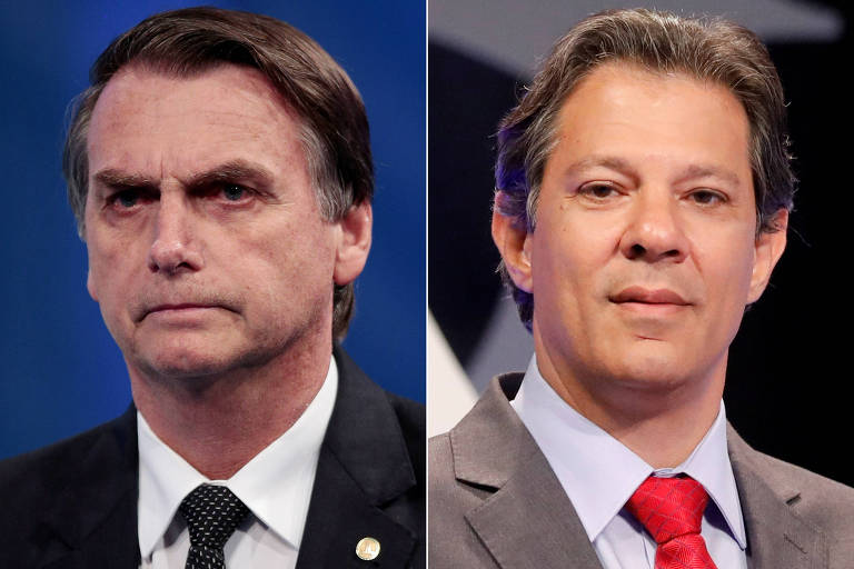 Os presidenciáveis Jair Bolsonaro (esq.) e Fernando Haddad (PT), que encabeçam a pesquisa CNT/MDA