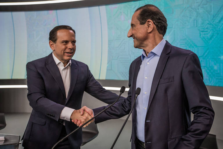 Candidatos Paulo Skaf (MDB) e João Doria (PSDB) durante debate na Record 