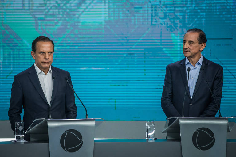 Candidatos João Doria (PSDB) e Paulo Skaf (MDB) durante debate na Record 