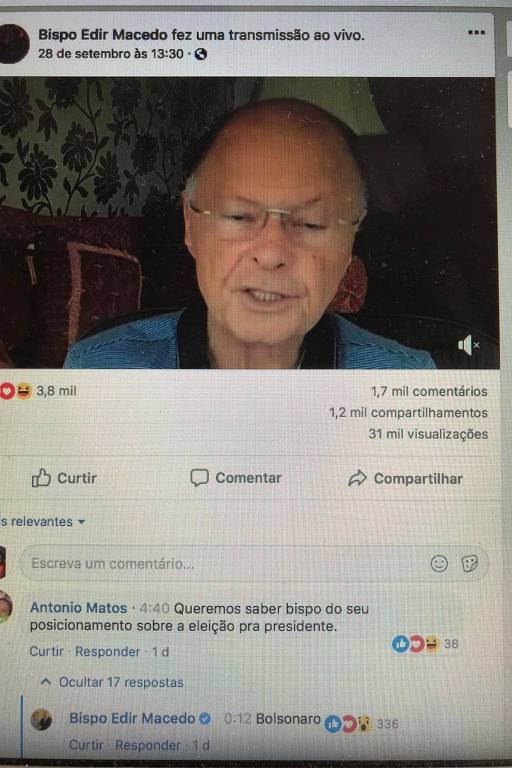No Facebook, bispo Edir Macedo diz que apoia Bolsonaro