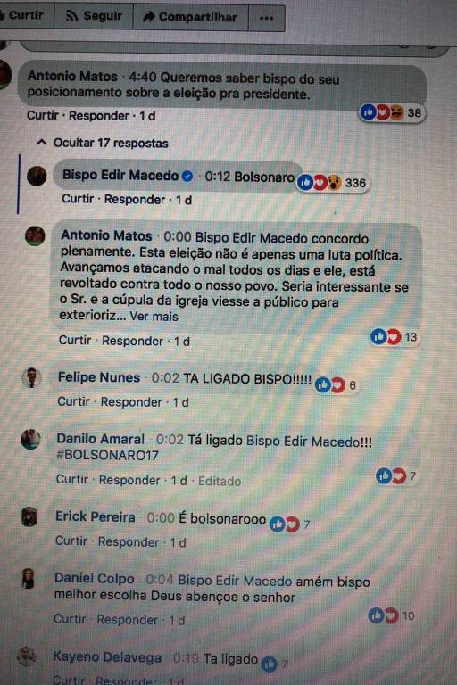 ComentÃ¡rios em Facebook do bispo Edir Macedo, sobre apoio a Bolsonaro