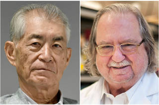 A combination photo shows Ph.D. James P. Allison of MD Anderson Cancer Center and Kyoto University Professor Tasuku Honjo in Kyoto