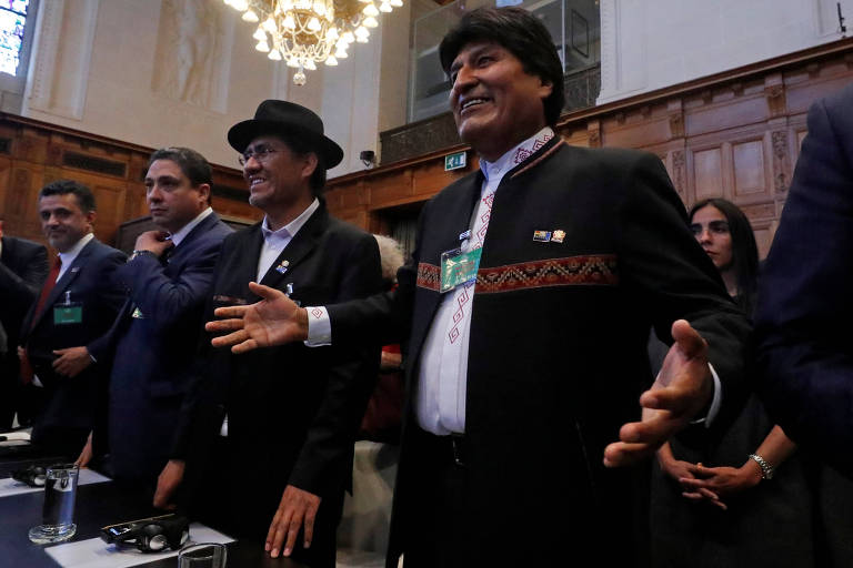 O presidente da Bolívia, Evo Morales, na Corte Internacional de Haia durante o julgamento 
