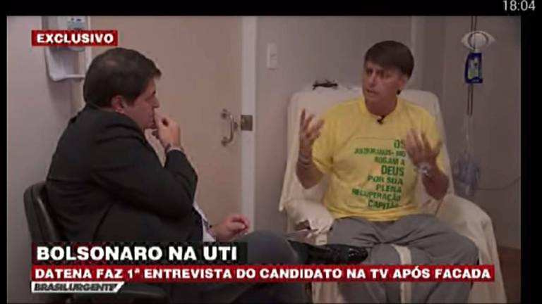 Entrevista do candidato à Presidência Jair Bolsonaro (PSL) internado no Hospital Albert Einstein à rede Bandeirantes de televisão em São Paulo