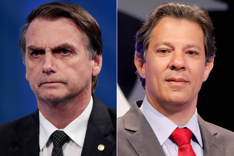 Os líderes da corrida eleitoral, segundo o Datafolha, Jair Bolsonaro (esq.) e Fernando Haddad