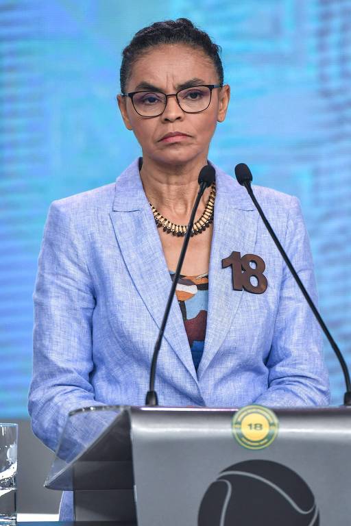 Marina Silva (Rede) durante debate dos candidatos à presidência no estúdio da TV Record, São Paulo