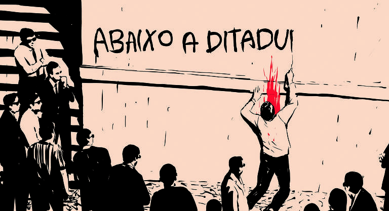 Ilustração mostra homem sendo morto ao escrever abaixo a ditadura em muro