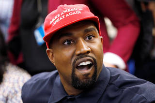 Rapper Kanye West speaks during a meeting with President Trump in the Oval Office at the White House in Washington