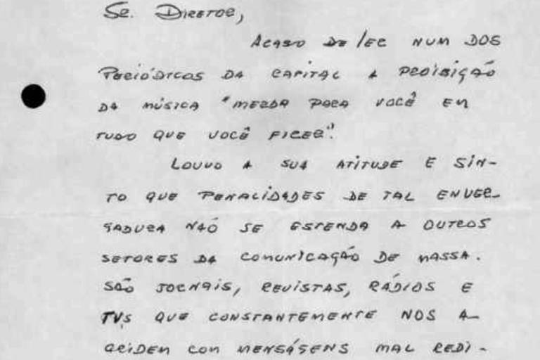 trecho de carta escrita em 1986 sobre censura a música de Caetano Veloso