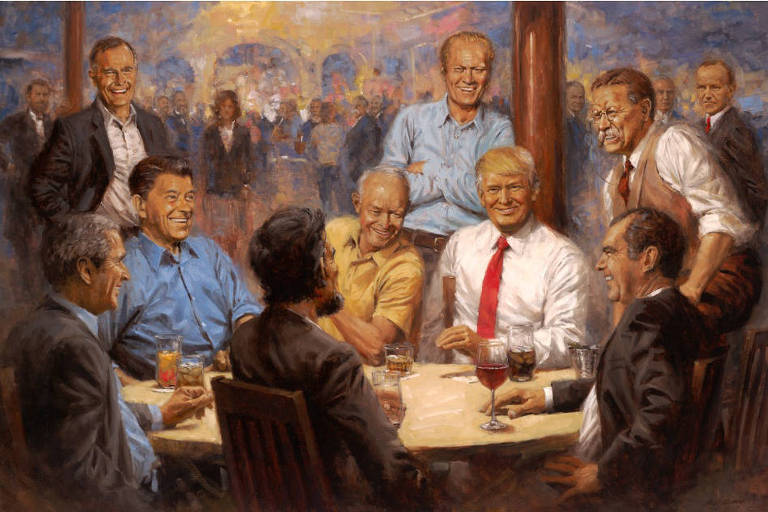 Trump está ao centro, com camisa branca e gravata vermelha. Outros seis presidentes estão na mesa.