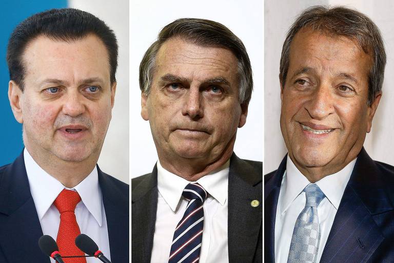 Montagem com as imagens do ex-prefeito de São Paulo Gilberto Kassab, do presidente Jair Bolsonaro e de Valdemar Costa Neto, um dos líderes do Centrão.