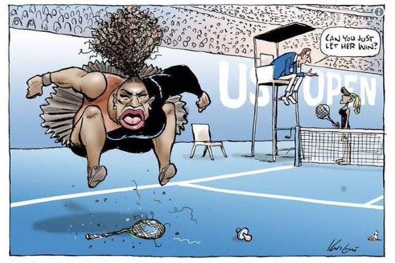Em cartum do Herald Sun, Serena Williams pula sobre a raquete após discussão com o árbitro na final do Aberto dos EUA
