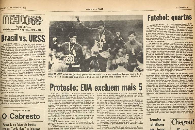Página da Folha de 20 de outubro de 1968, com reportagem sobre a suspensão de atletas dos EUA nos Jogos Olímpicos do México em 1968