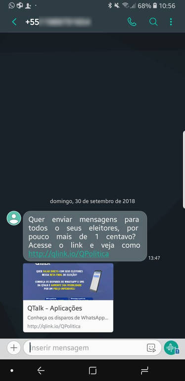 Proposta de disparo de mensagem enviada a políticos por celular; serviço poderia custar pouco mais de 1 centavo por disparo