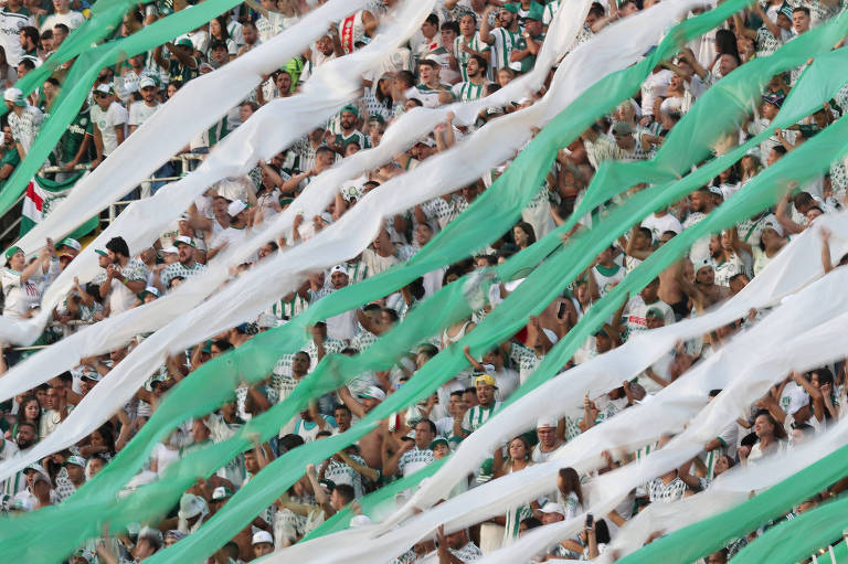Torcida do Palmeiras estendeu faixas verticais, verdes e brancas, nas arquibancadas do Pacaembu para comemorar a vitória contra o Ceará, pelo Campeonato Brasileiro.