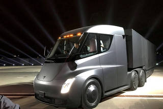 FILE PHOTO: Tesla's new electric semi truck is unveiled during a presentation in Hawthorne