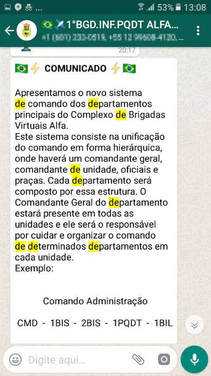 Comunicado sobre o complexo de "Brigadas Virtuais"; grupos no WhatsApp simulam organização militar e compartilham material pró-Bolsonaro