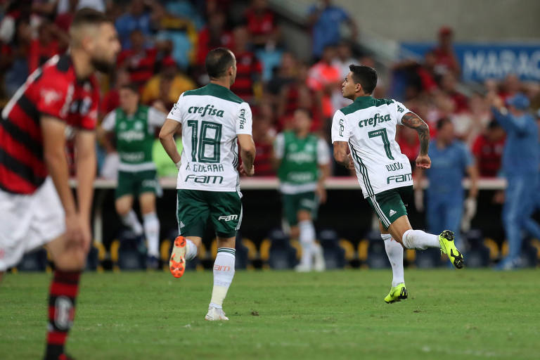 Dudu comemora gol durante o confronto entre Flamengo e Palmeiras no Brasileiro de 2018