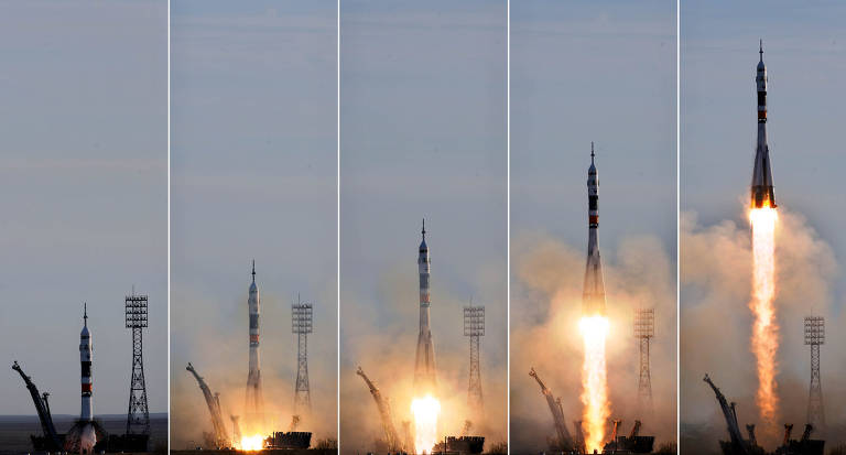 Lançamento do foguete com a nave Soyuz TMA 8, levando três astronautas a Estacão Espacial Internacional, entre eles o brasileiro Marcos Cesar Pontes, em marco de 2006, no Cazaquistão
