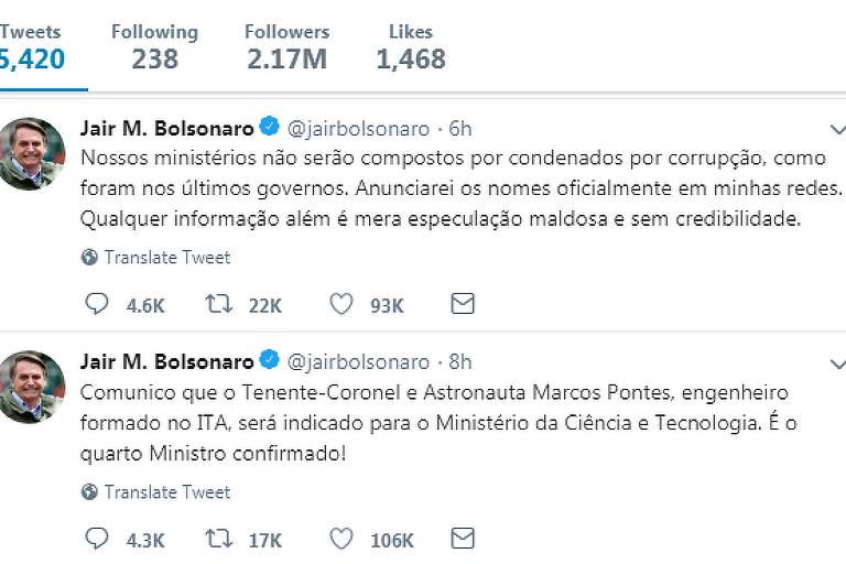 Reprodução de tuíte de Bolsonaro sobre anúncio de futuros ministros via redes sociais