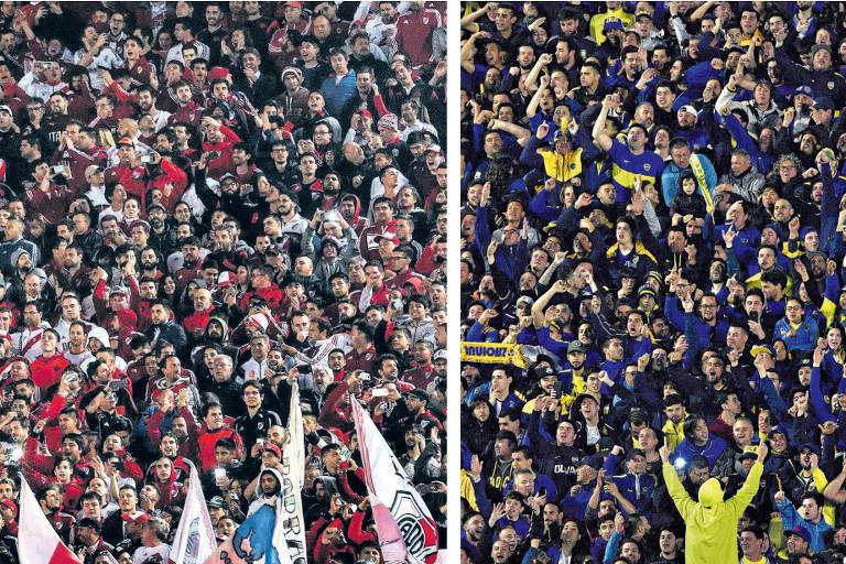 Montagem com as torcidas do River Plate e do Boca Juniors no Monumental e em La Bombonera antes das partidas de ida das semifinais da Copa Libertadores.