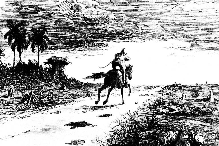 Ilustração mostra homem de costas cavalgando em uma estrada de terra