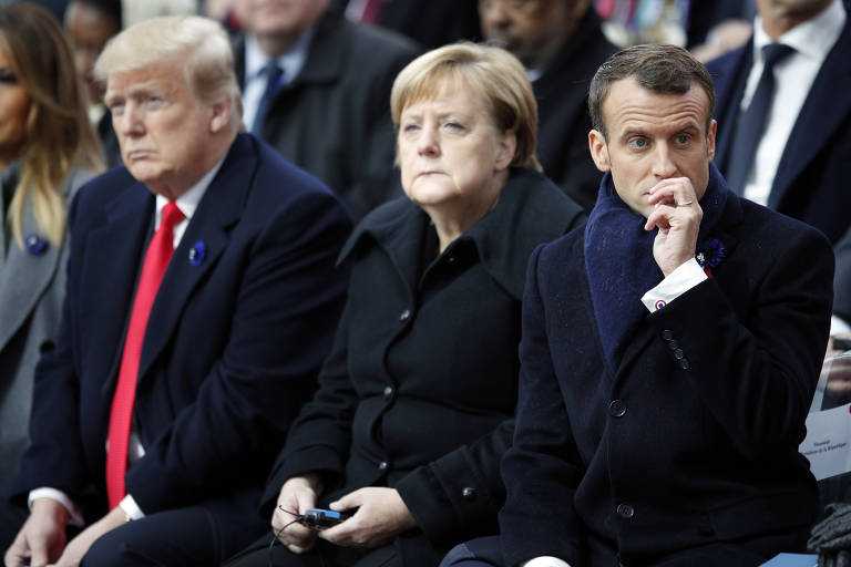 Donald Trump, presidente dos Estados Unidos, Angela Merkel, chanceler da Alemanha e o presidente francês, Emmanuel Macron