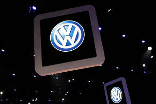 FILE PHOTO: Volkswagen logos are pictured during the media day of the  Salao do Automovel International Auto Show in Sao Paulo