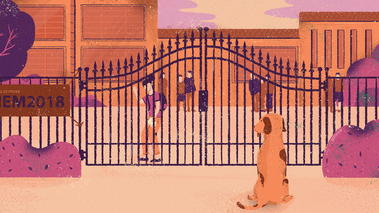 Ilustração com cãozinho de pelo marrom claro e manchinhas em marrom escuro aguarda na frente de um portão de grades de ferro na frente de uma escola
