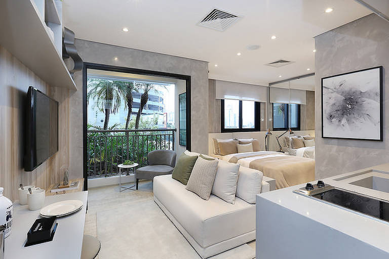 Estúdio de 25 metros quadrados do coliving Loadd, que tem entrega prevista para 2021, na avenida Jabaquara, zona sul de SP 