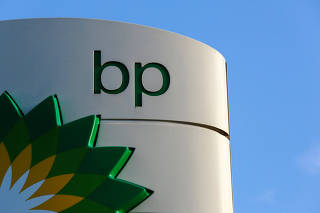 FILE PHOTO: A BP logo is seen at a petrol station in London