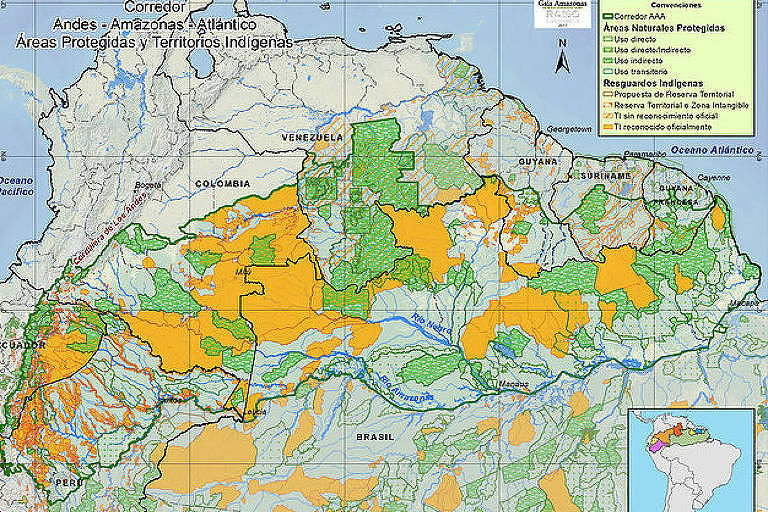 Mapa ilustra corredor Andes-Amazônia-Oceano Atlântico