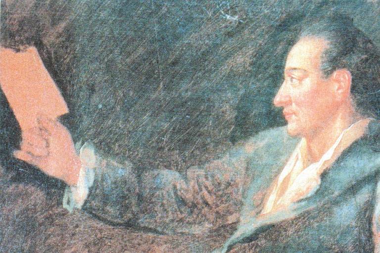 Na pintura, Goethe está sentado com uma blusa branca, casaco cinza e calças pretas. Ele tem o cabelo longo puxado para trás e amarrado na altura dos ombros. Segura um papel com a mão direita na altura dos olhos