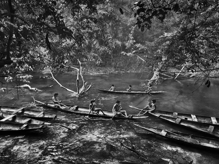 Índios suruwahas participam de pescaria coletiva no igarapé Pretão, durante verão amazônico, quando as águas dos rios baixam