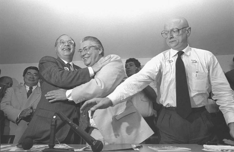 Getúlio Hanashiro, Paulo Maluf, Mario Covas e Esperidião Amin em ato de apoio do PPR ao candidato Covas, em 1994, na corrida pelo governo do estado de SP