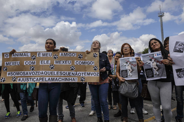 Manifestantes levam cartazes a protesto contra a morte da cadela Manchinha