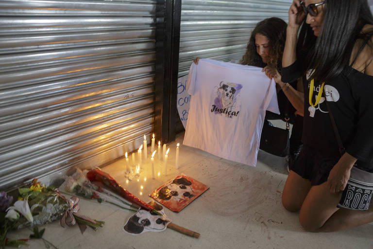 Manifestantes fazem homenagem à cadela Manchinha na porta do Carrefour de Osasco; loja ficou fechada durante o ato