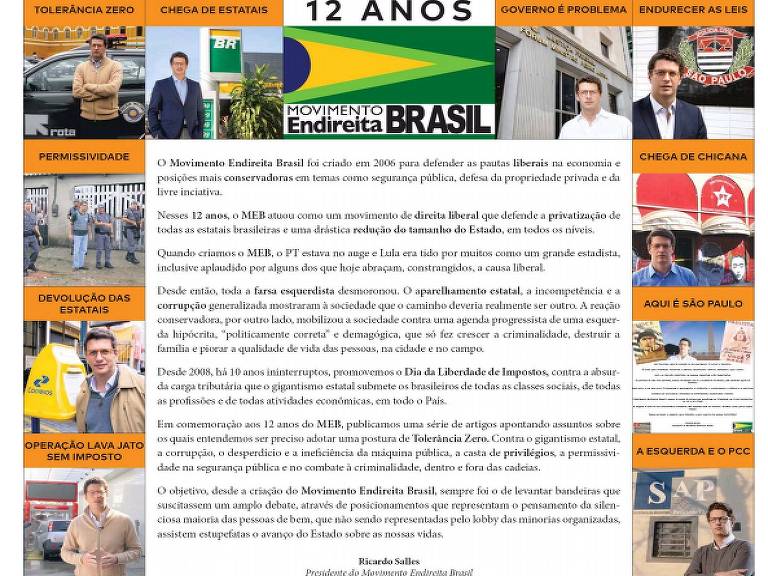 Uma das propagandas do Movimento Endireita Brasil em que aparecem fotos e assinatura de Ricardo Salles, futuro ministro do Meio Ambiente