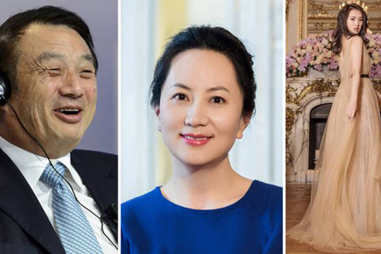 A maioria do clã da empresa Huawei tem se mantido às sombras, como o presidente da empresa Ren Zhengei e sua filha Meng Wanzhou (ao centro); sua outra filha, Annabel Yao, à direita, publica muitas fotos nas redes sociais