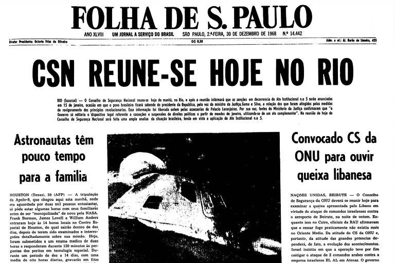 Capa da Folha do dia 30 de dezembro de 1968