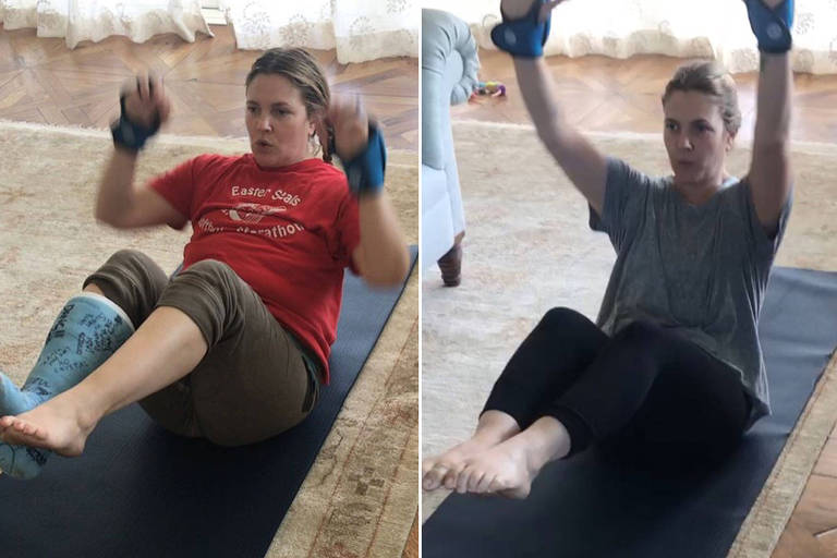 Drew Barrymore mostra os resultados de seu programa de exercício