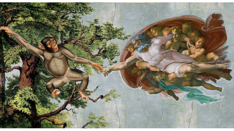 Deus dÃ¡ origem a um macaco, em recriaÃ§Ã£o da "CriaÃ§Ã£o de AdÃ£o", de Michelangelo