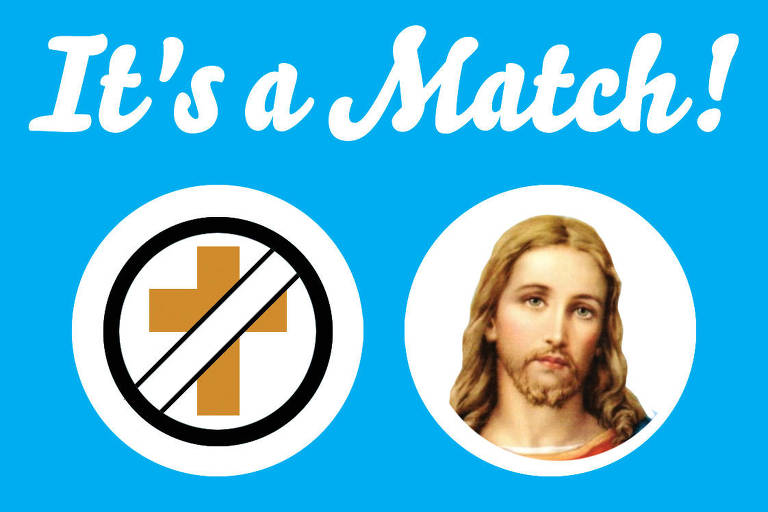 Ilustração mostra imagem de Jesus e uma cruz, com a frase 'It's a Match!'