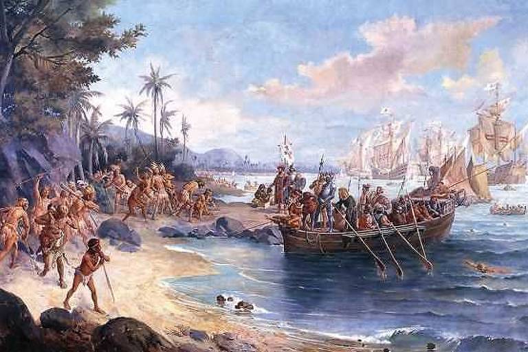 Reprodução do quadro de Oscar Pereira da Silva retratando o desembarque de Pedro Álvares Cabral, em Porto Seguro