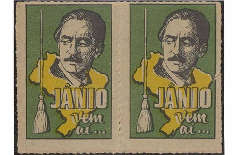 Santinho, em formato de selo, utilizado na campanha de Jânio Quadros, em 1960