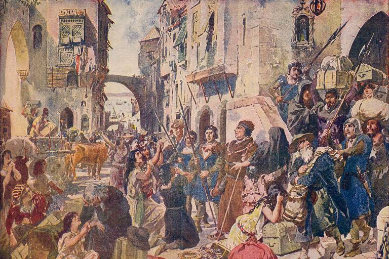 Expulsão dos judeus de Portugal, em aquarela Alfredo Roque Gameiro